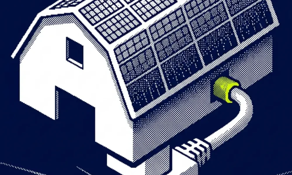 Hangar photovoltaïque avec grande toiture équipée de panneaux solaires en zone d'activité