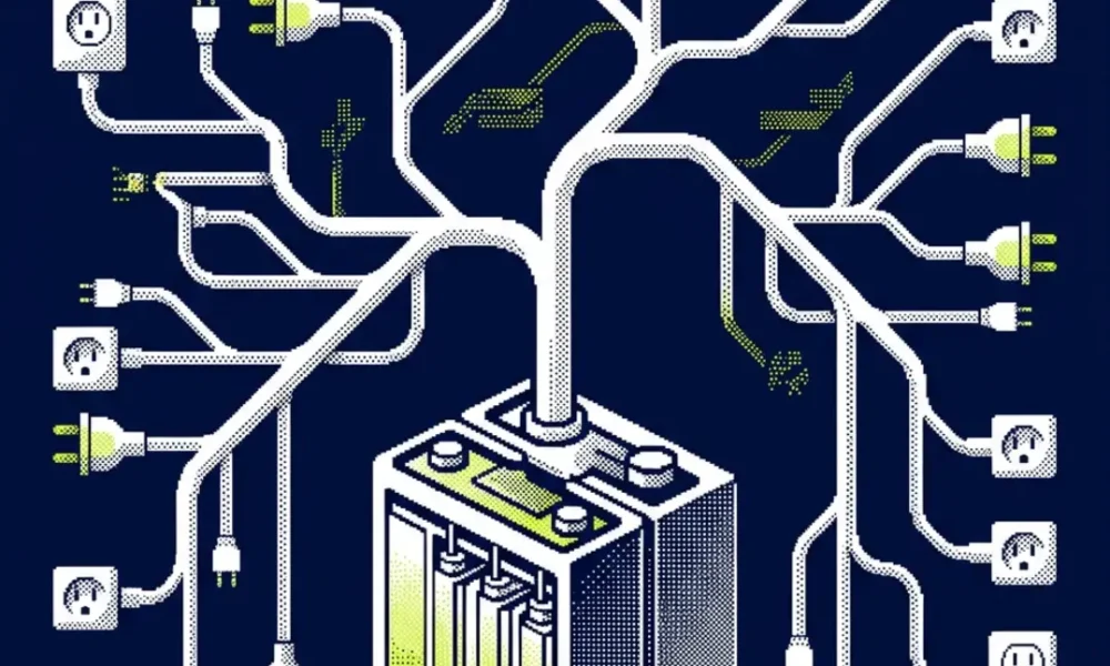 Station de recharge solaire autonome avec panneaux, batterie et borne sur site isolé